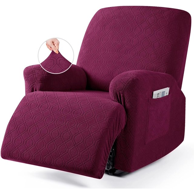 SHILIU-Oversized Recliner Chair Cover, 4-Pieces Stretch Recliner Covers for Recliner Chair Soft Reclining Chair Slipcover Jacquard Pattern Furniture Protector for Dogs Cats(Burgundy)