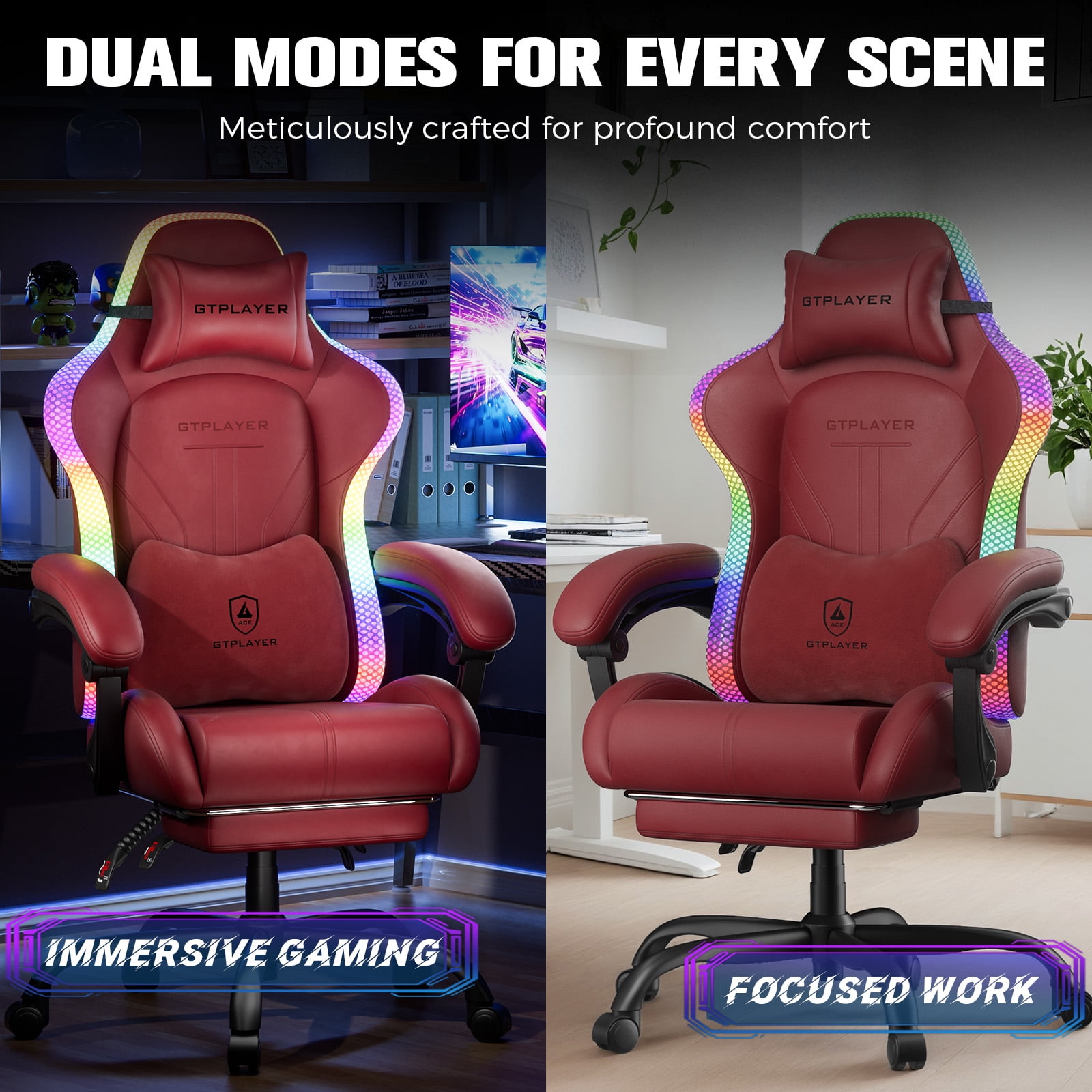 GTPLAYER RGB Gaming Chair with Timed LED Lights, 400LBS Capacity Gaming Office Chair with Reclining Backrest & Retractable Footrest for Gaming & Office, Red