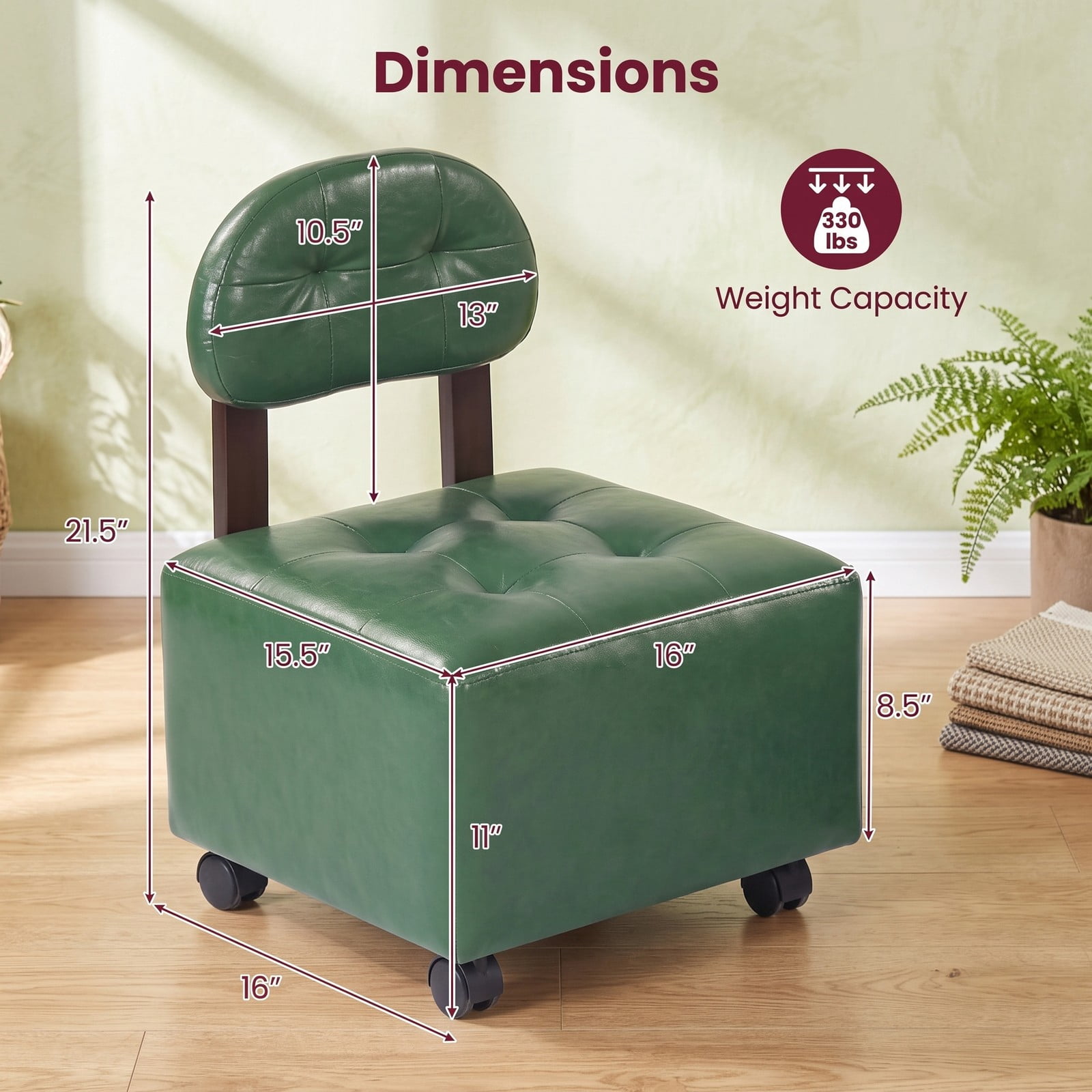 Furnibear Small Rolling Footrest Stool Set of 2 with Lockable Swivel Wheels, Faux Leather Backrest Footstool Ottoman for Living Room Bedroom Entryway, 330 lbs, Green