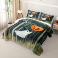 thumbnail image 3 of Homewish Art Halloween Witch Ghost Twin Quilt Set,Forest Jack O Lantern Print Twin Coverlet Set,Teal Black Orange,2pcs, 3 of 7