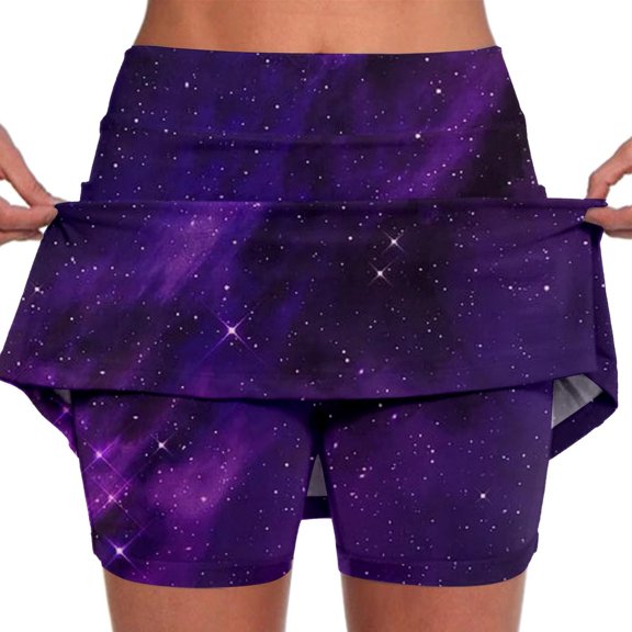 FASHOFT Tennis Skirts For Women Starry Sky Glitter Printed Elastic Skort With Pockets Double Layer For Sports And Casual Wear Womens Athletic Skirt Purple