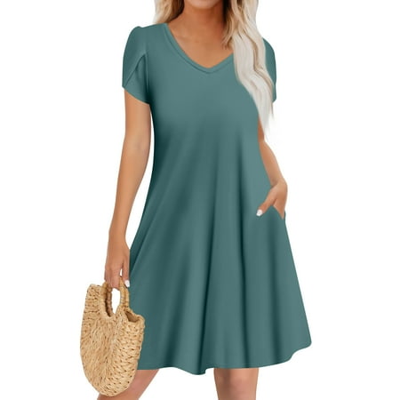 Biziza Trendy Green Casual Dresses for Women Summer 2025 Basic Short Sleeve Solid Color Elegant Dresses V Neck Lightweight Cotton Wedding Guest Stretch Polyester Corset Dress
