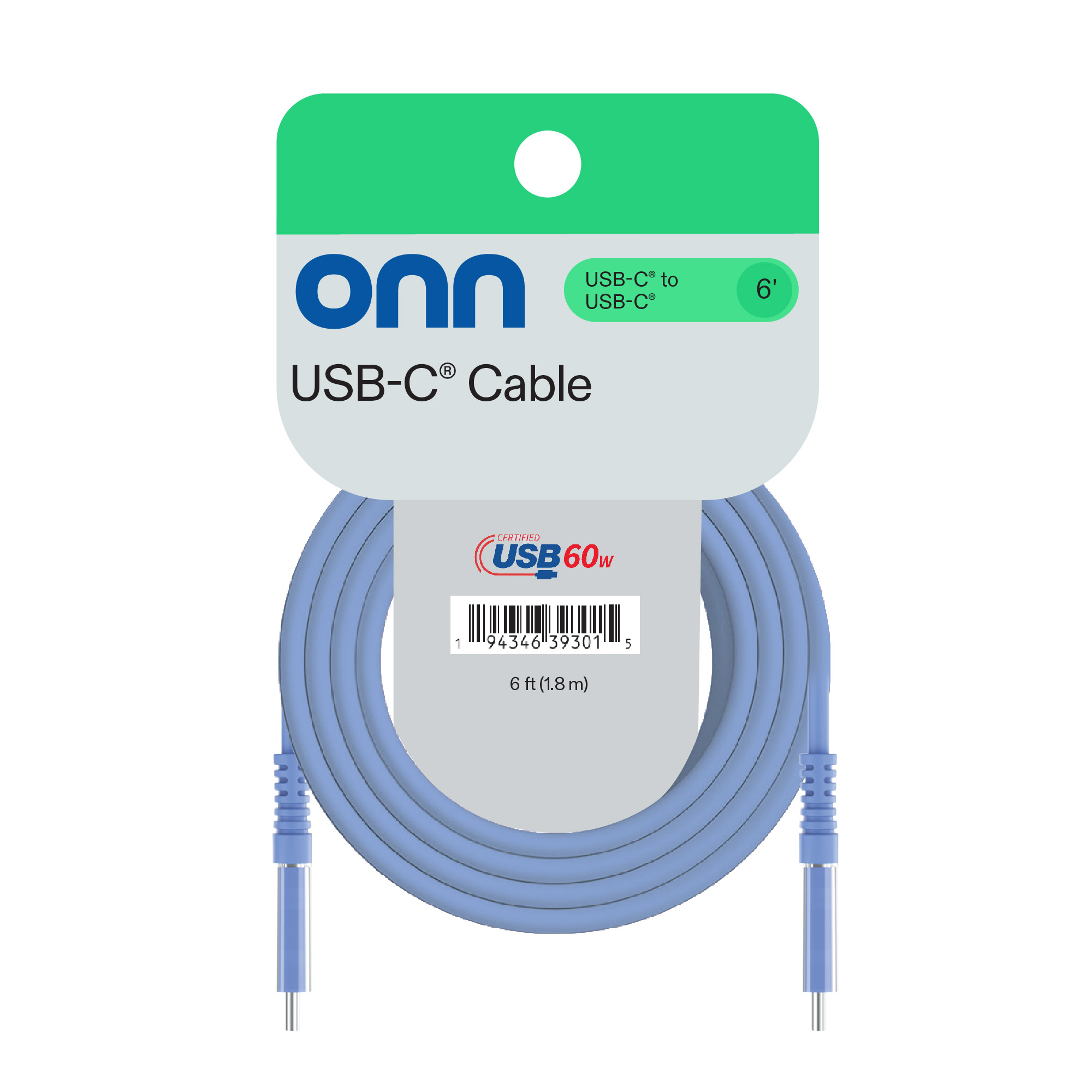 Cable de carga onn de 6 pies USB-C a USB-C, carga rápida, certificado USB-IF, compatible con iPhone 16 y 15, iPad Pro, Samsung Galaxy, Note, Pixel y más - Azul 6