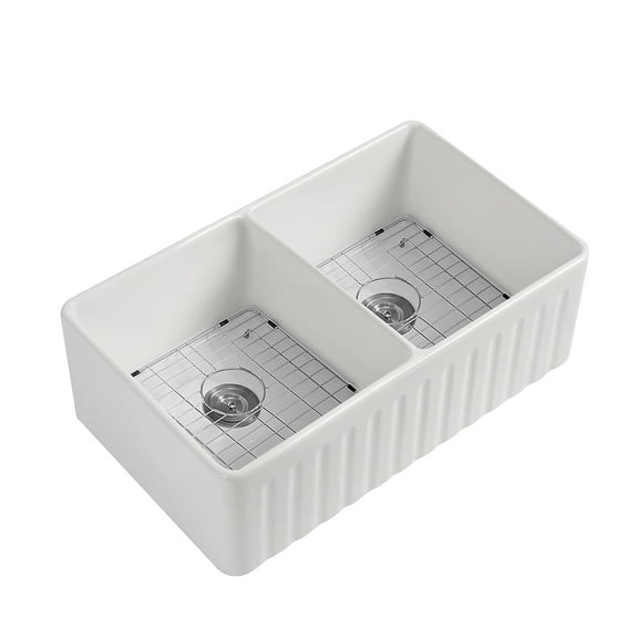 CoSoTower Fireclay 33" L X 20" W Double Basin Farmhouse Kitchen Sink With Grid And Strainer