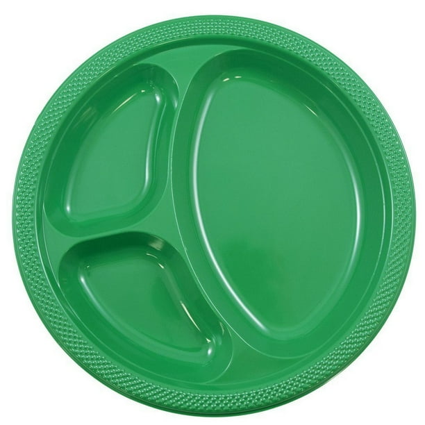 JAM 3 Compartment Divided Plastic Plates, 20/Pack, Green, Large, 10.25