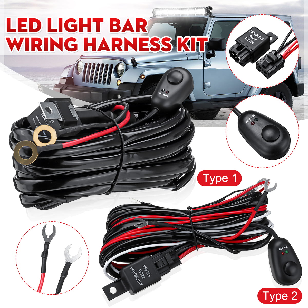 Double Color/High Low Beam Wiring Harness Kit 12V 300W 40A LED Lights Wiring Harness Switch Relay 14AWG Core Cable Harness for Car Fog Lights Work Driving Lights Bar 