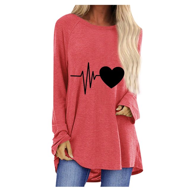Chemises d'Automne pour Femmes Col Rond Imprimé Cœur Battement d'Amour Blouse à Manches Longues Tunique Décontractée Ample Tops à Porter avec Legging