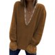 thumbnail image 1 of Empalme de encaje Suéter con cuello en V profundo Causal Suelto Transpirable Manga larga con volantes Suéter de mujer para invierno Marrón XL, 1 of 4