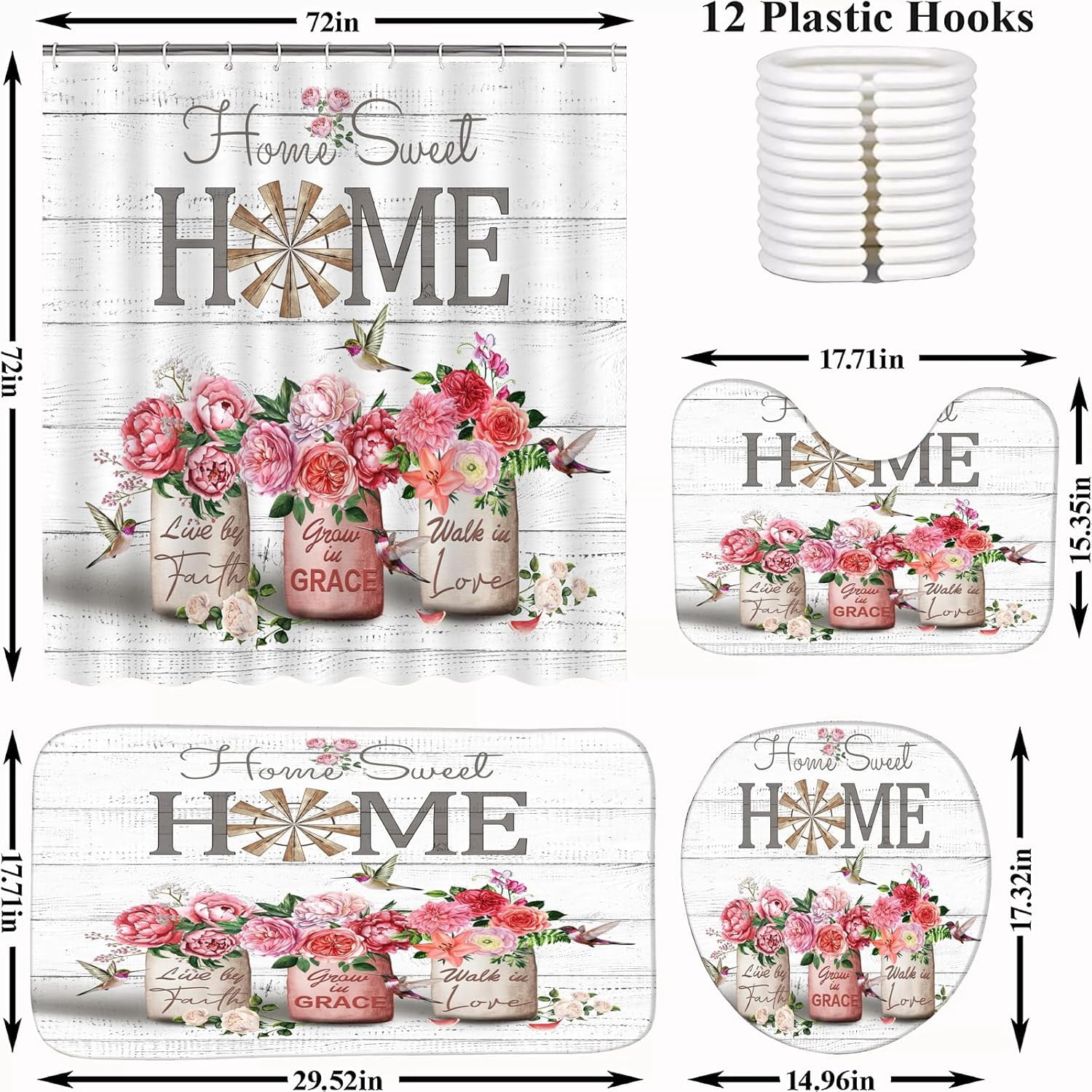 4 PCS Red Rose Peony Shower Curtain Sets Home Sweet Bathroom Set with Shower Curtain and Rugs and Accessories Farmhouse Country Shower Curtain Bathroom Decor with 12 Hooks 72 X 72 Inch