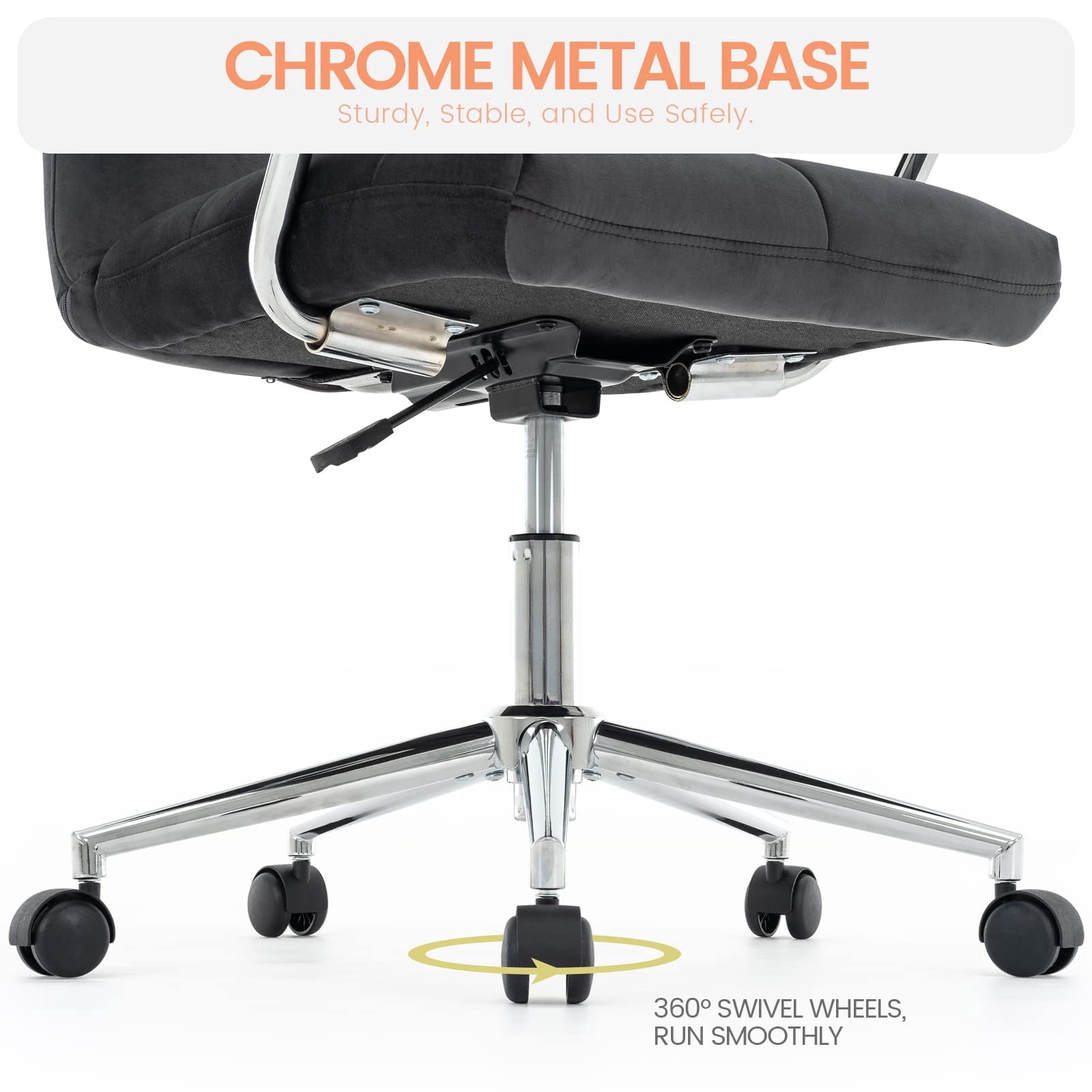 Velvet Desk Chair with Arms, Adjustable Height Home Office Chair, Mid-Back Upholstered Vanity Chair with 360° Swivel and Wheels for Living Room or Study, Black