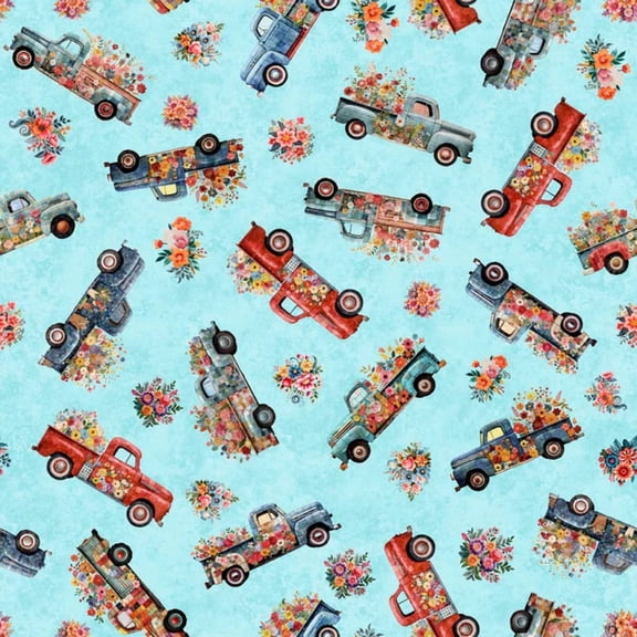 Heartland Truck Toss Aqua Cotton Fabric (Yard)