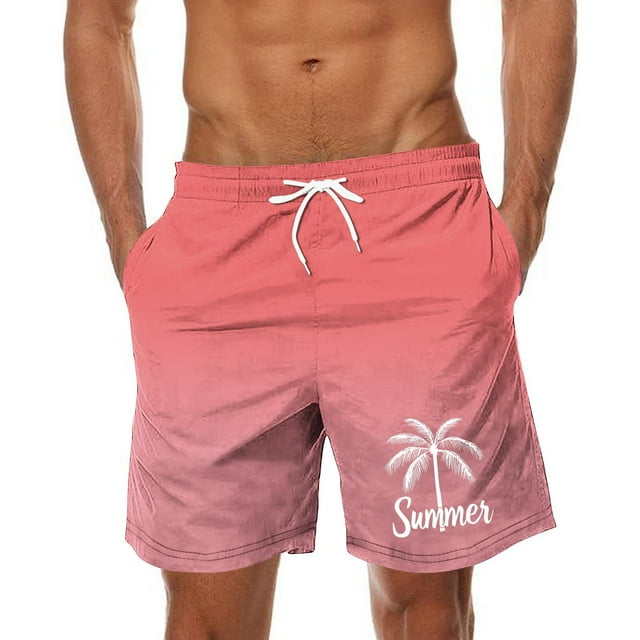 RKSTN Swim Shorts for Mens Gradient Landscape Print Ultra Plus Size Color Blocking Elastic Waist Drawstring Versatile Beach Vacation Casual Shorts with Pockets
