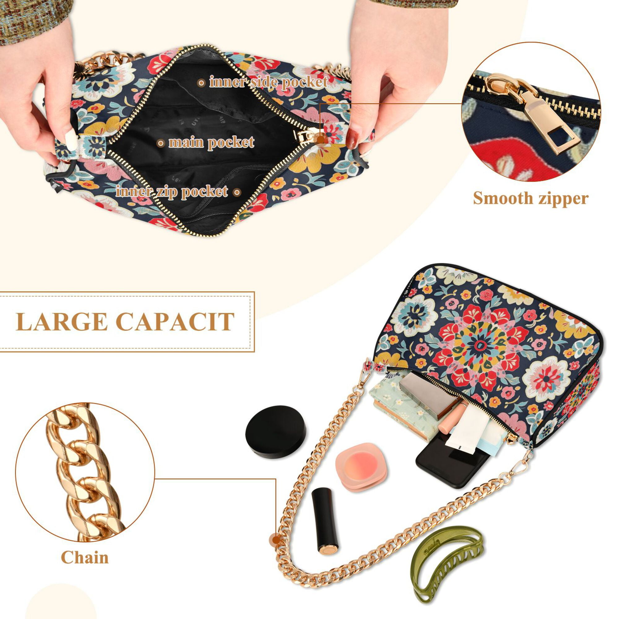 FORMRS Womens Shoulder Bag with Chain Strap Clutch Purse Cute Tote Handbag, Colorful Floral Pattern