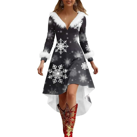 Oksale Midi Christmas Dresses for Women Trendy High Low Hem Xmas Dress Comfortable Long Sleeve Plush Collar Winter Dresses Elegant V Neck Holiday Dress Black XXXL
