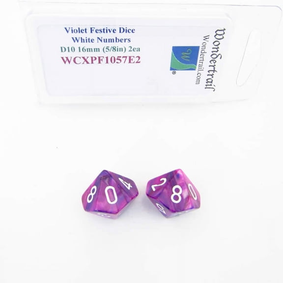 Violet Festive Dice with White Numbers D10 Aprox 16mm (5/8in) Pack of 2 Wondertrail