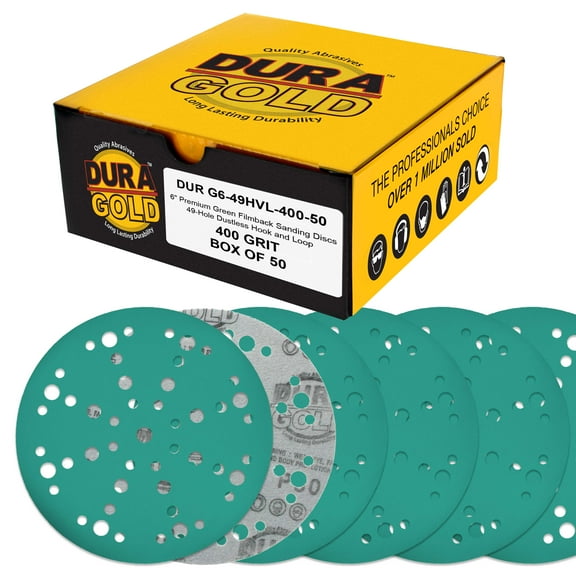 Dura-Gold Premium 400 Grit 6" Green Film Sanding Discs, 49-Hole Pattern, Box of 50 - Heavy-Duty Dustless Hook & Loop Backing Sandpaper for DA & Random Orbital Sanders, Sand Auto Paint, Wood Furniture