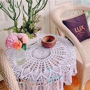 Round Small Lace Table Cloth - Vintage Manual Crochet Flowers Tablecloth for Round Coffee Table White