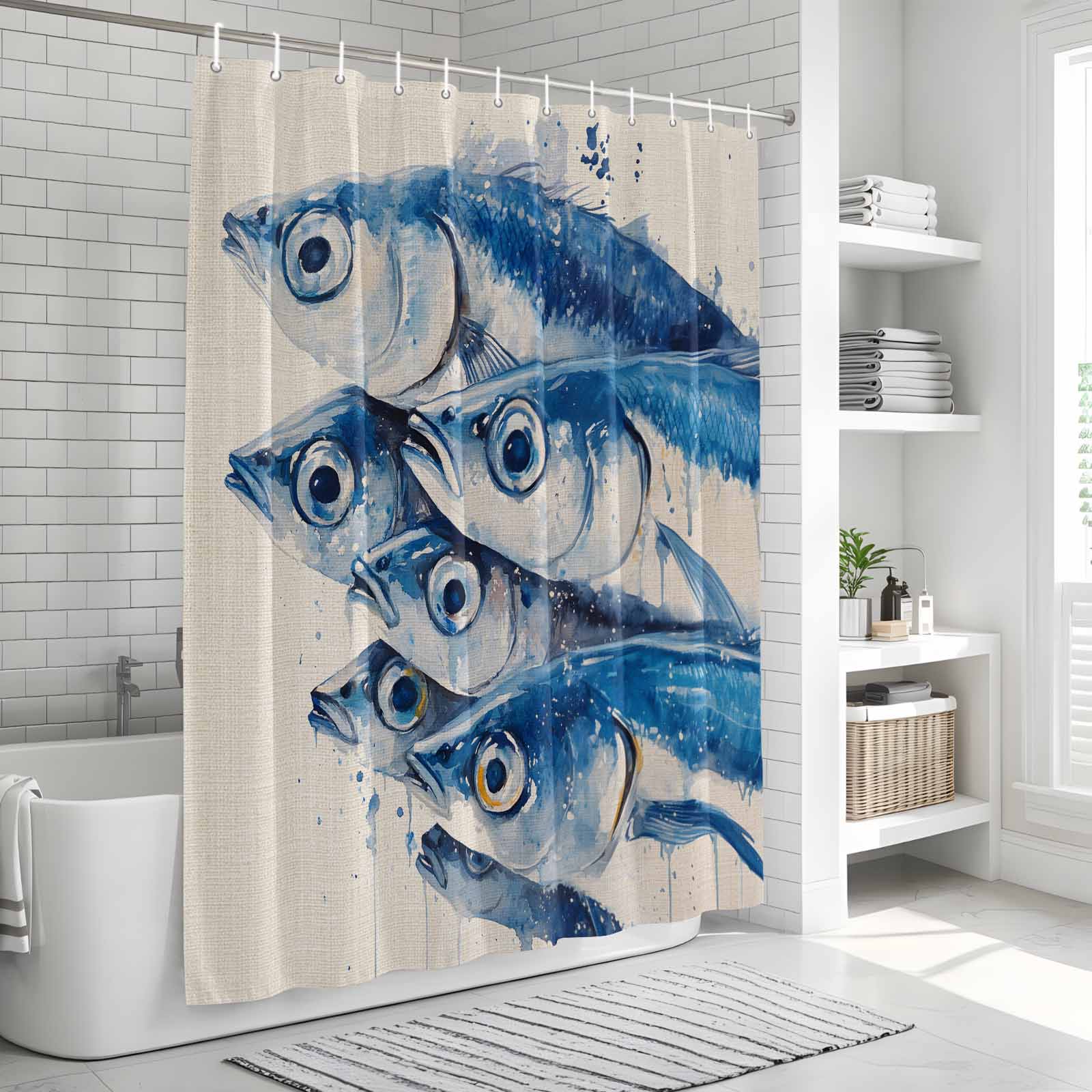 Shower Curtain Bathroom Set Watercolor Underwater Fish on Vintage Linen Waterproof Fabric Shower Curtains with Grommets&Hooks, Coastal Ocean Life Privacy Bath Curtain for Bathtub 72x72in