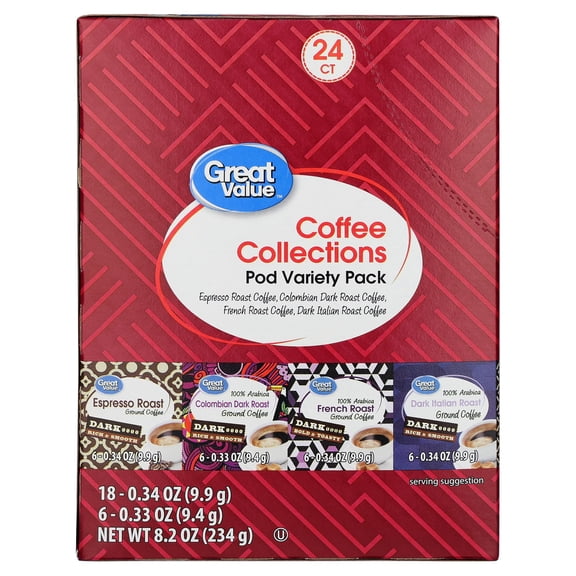 Great Value Dark Roast Coffee Collections Single Serve Pods Variety Pack, 24 Count