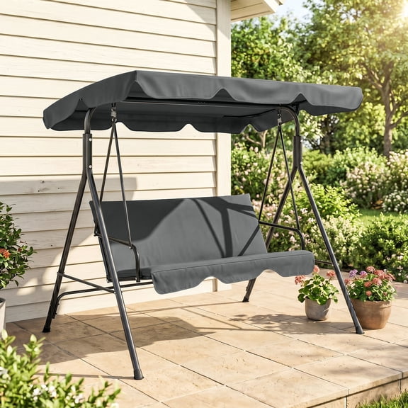 Outsunny 3-Seat Outdoor Patio Swing Chair with Removable Cushion, Steel Frame Stand, and Adjustable Tilt Canopy for Patio, Garden, Gray