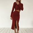 thumbnail image 6 of Baqcunre Women's Long Sleeve High Neck Solid Knitted Sweater High Waist Front Split Dress Set Cocktail Dress Womens Dresses Bodycon Dresses for Women Long Sleeve Dress for Women,Red,Size XXL, 6 of 6