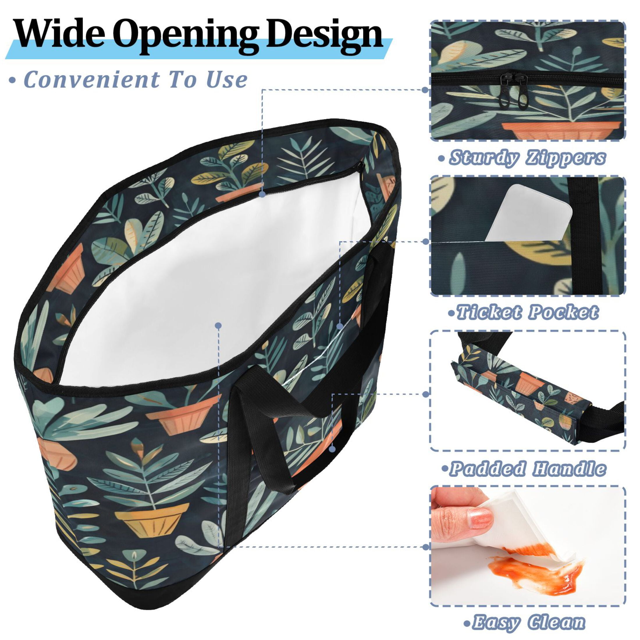 Large Hand-held Ice Pack Picnic Bag Insulation and Refrigeration Suitable for Shopping Picnics and Camping Dark Green Plants