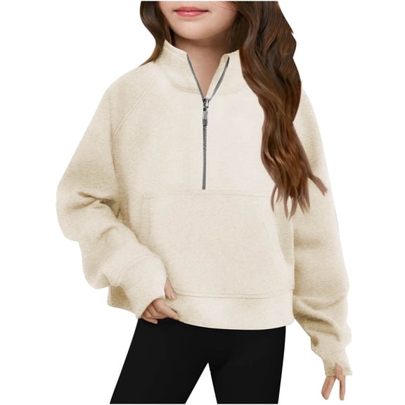 SERTG Kids Half Zip Pullover Sweatshirt Solid Color Stand Collar Long Sleeve Thumb Hole Cuff Comfortable Fall Winter Warm Casual Tops with Pockets for Children 3-14 Years