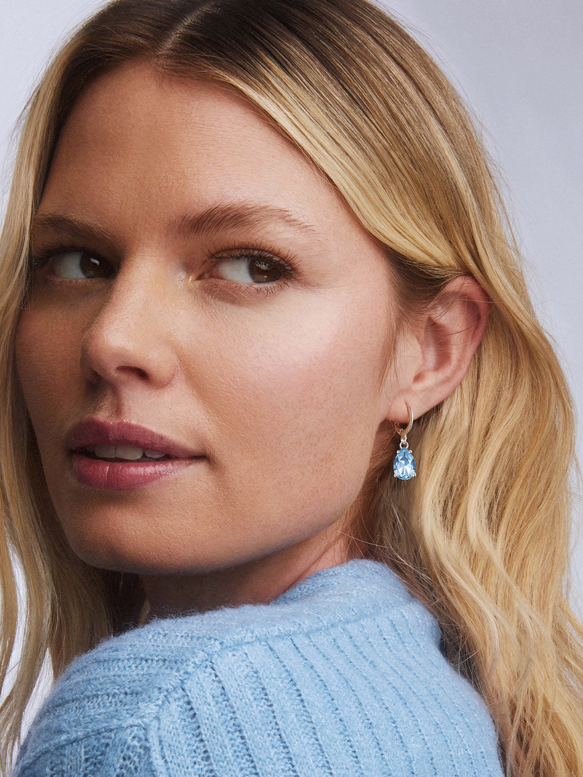 FOCALOOK Birthstone Dangle Hoop Earrings for Women Sterling Silver Teardrop Cubic Zirconia March Blue Aquamarine Leverback Huggie Drop Earrings Birthday Valentines Day Jewelry Gift