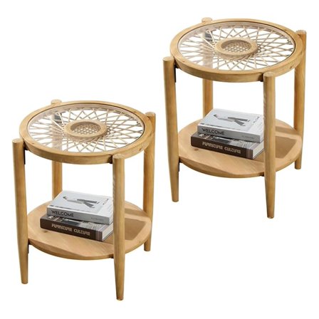 Rattan Nightstands Set of 2,Boho Wood Round Side Tables, 2-Tier Natural End Table with Glass Top and Wood Legs, Sofa Side Table Bedside Table for Living Room Bedroom Couch(Natural)