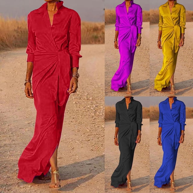 Gspmoly Robe d'Été, Mode Femmes Aguichant Décontractée Bandage Col en V Uni Robe à Manches Longues Robes de Travail pour Femmes Offres Prime
