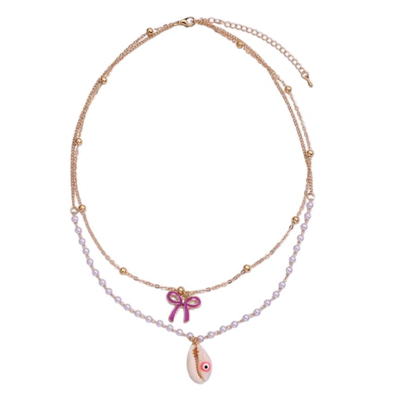 ZPAQI Bohemian Bowknot Shells Layered Necklace Evil Eye Charm Y2K Pearl Beaded Chain For Valentine's Day gifts