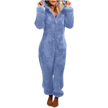 

Womens Sherpa Zip-up Jumpsuit Fleece Onesie Fuzzy Pajama Plush Hooded Romper Sleepwear Playsuit Loungewear Plus Size