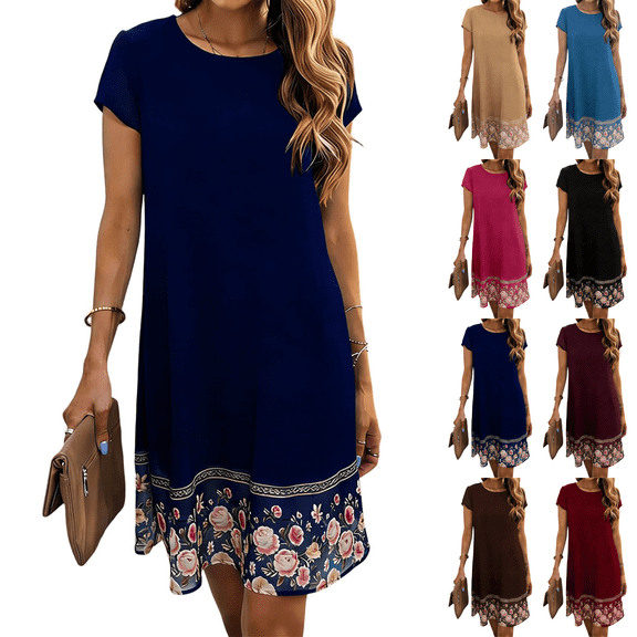 Mini Dresses for Women Crewneck Short Sleeve Sundress Loose Flowy Printed Vacation Party Wedding Guest Dresses S-2XL