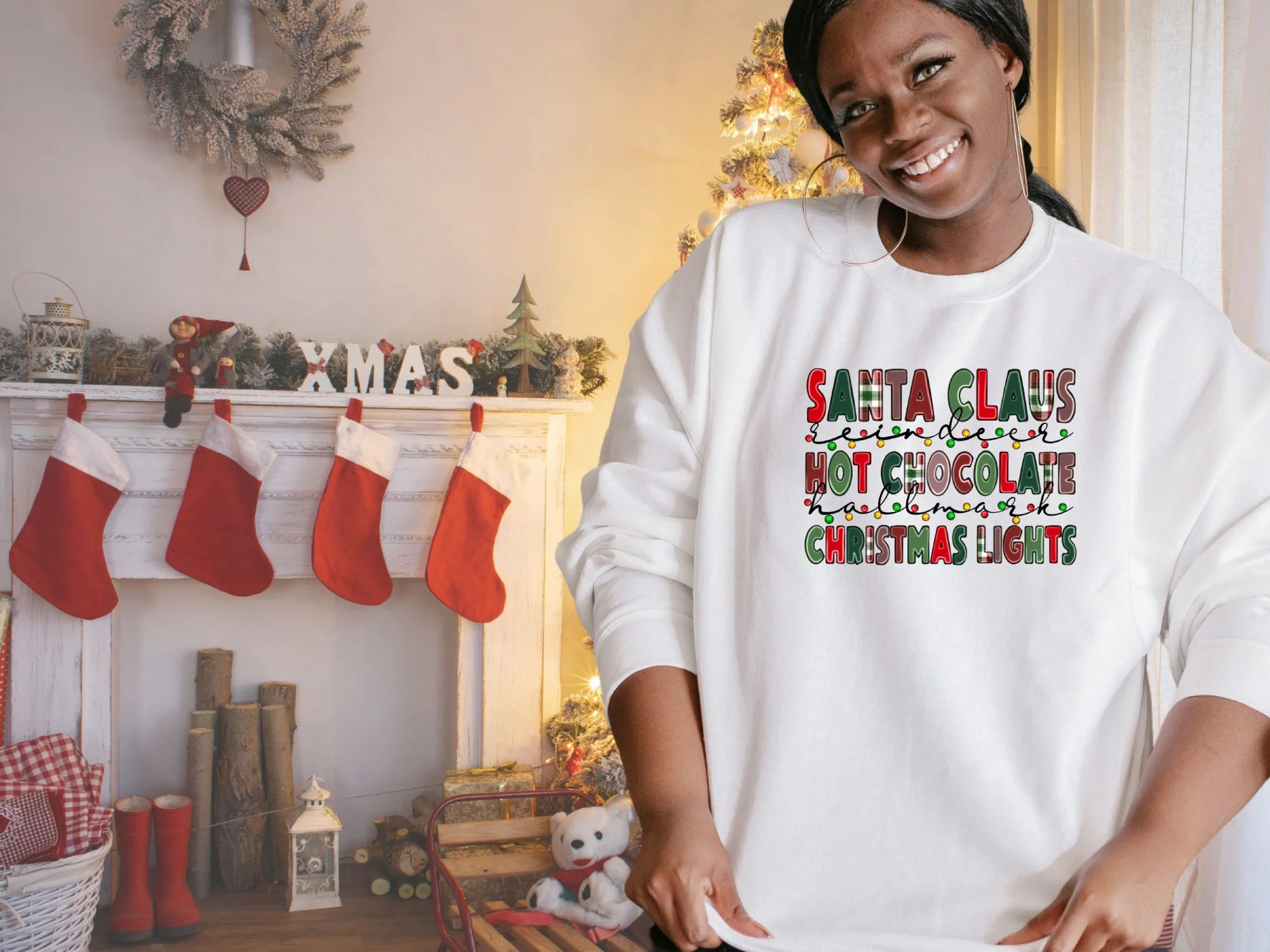 Women s Santa Claus Hot Chocolate Christmas Lights Sweatshirt Walmart