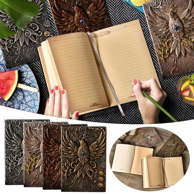 Xihbxyly Libreta con Relieve, Cubierta de Cuero, Estampado de Pájaros, Páginas Gruesas y Resistentes, Elegante Cinta Marcadora, Papelería con Estilo, Diseño Artesanal, para Uso Personal o de Oficina,