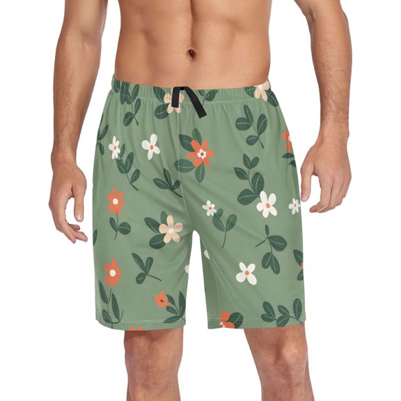 Men's Pajama Shorts Bottoms with Pockets Soft Lightweight Lounge Sleep Wear Flowers with Leaves