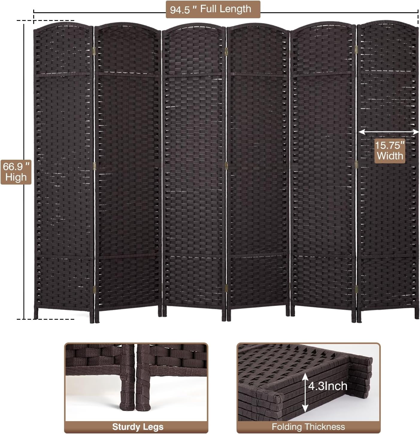Dkelincs 6 Panel Room Dividers 5.6 FT Tall Portable Privacy Screen Folding Wood Partition Wall Divider for Room Separation, Brown