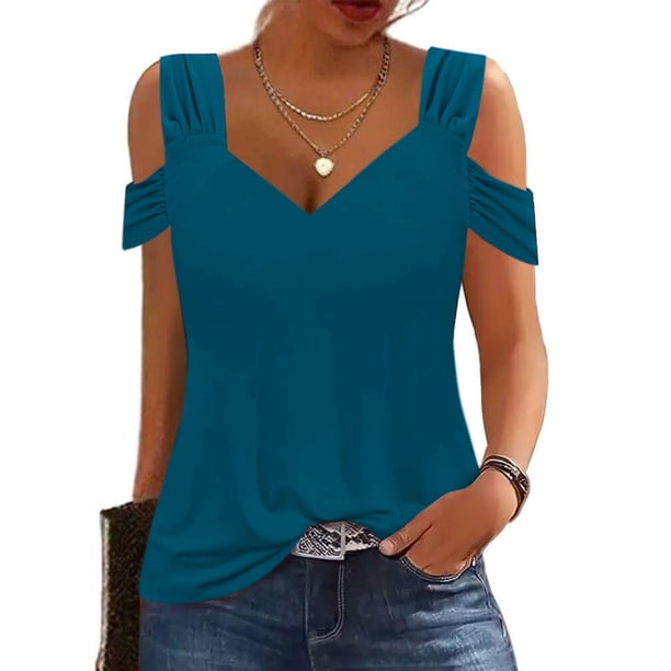 Fiudx Ofertas Del Día Blusas con Cuello En V para Mujer a La Moda, Camisas con Hombros Descubiertos, Top de Manga Corta