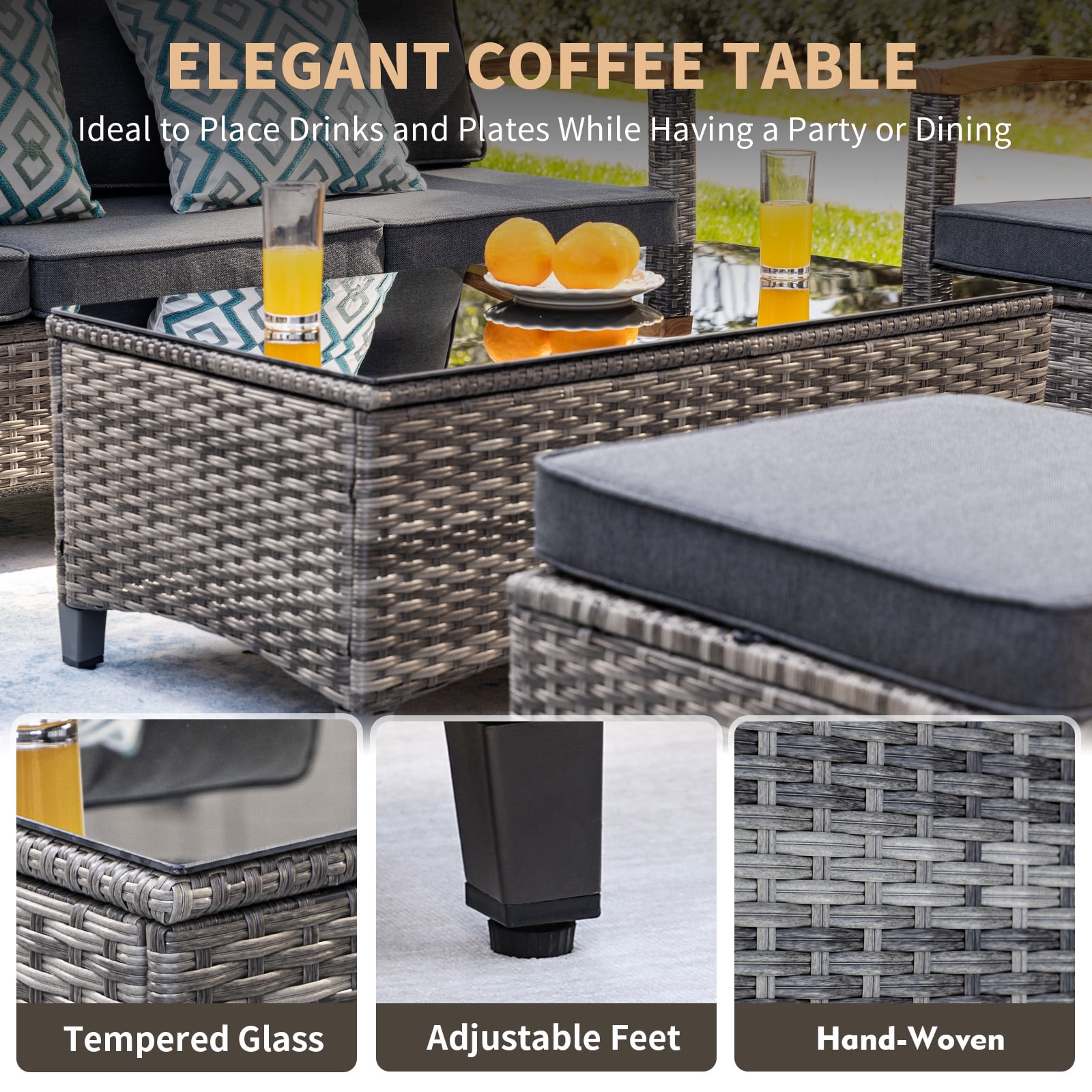 MEISSALIVVE 7-Piece Patio Furniture Set, Outdoor Rattan Conversation Set with 2 Swivel Rocker Chairs, 3-Seat Sofa, 2 Ottomans & Coffee Table, Gray