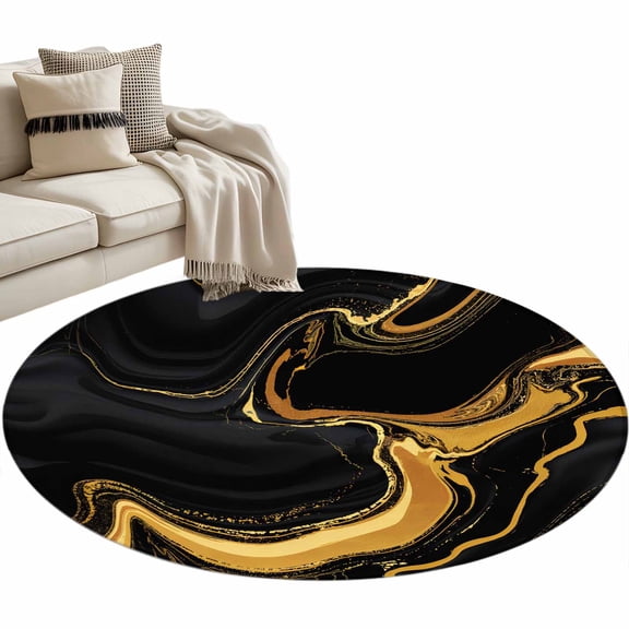 Marble Black Round Rug 3ft Area Rug Washable Soft Non-Slip 3' Circle Low Pile Rugs Vintage Gold Art Abstract Farmhouse Carpet for Bedroom Living Room Entryway Home Office Dining Room