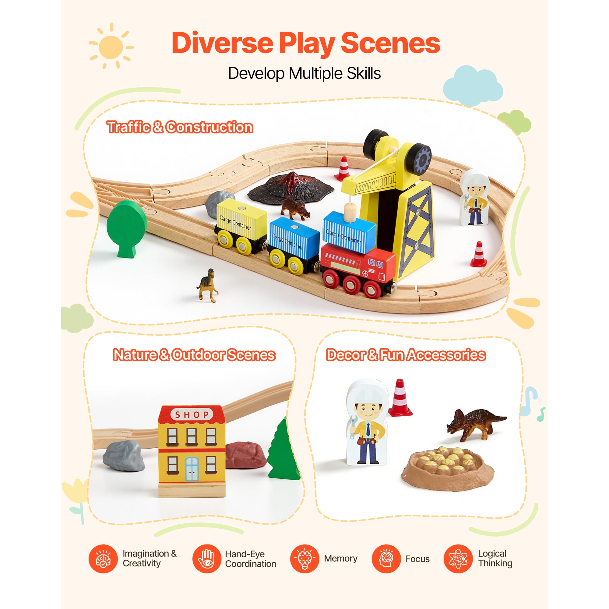 KFFKFF 70PCS Wooden Train Set with Magnetic Crane, Wooden Railway Track Toy for Kids Ages 3-8, Construction Crane Playset, Compatible with Popular Brands,Ideal Christmas or Birthday Gift for Toddlers