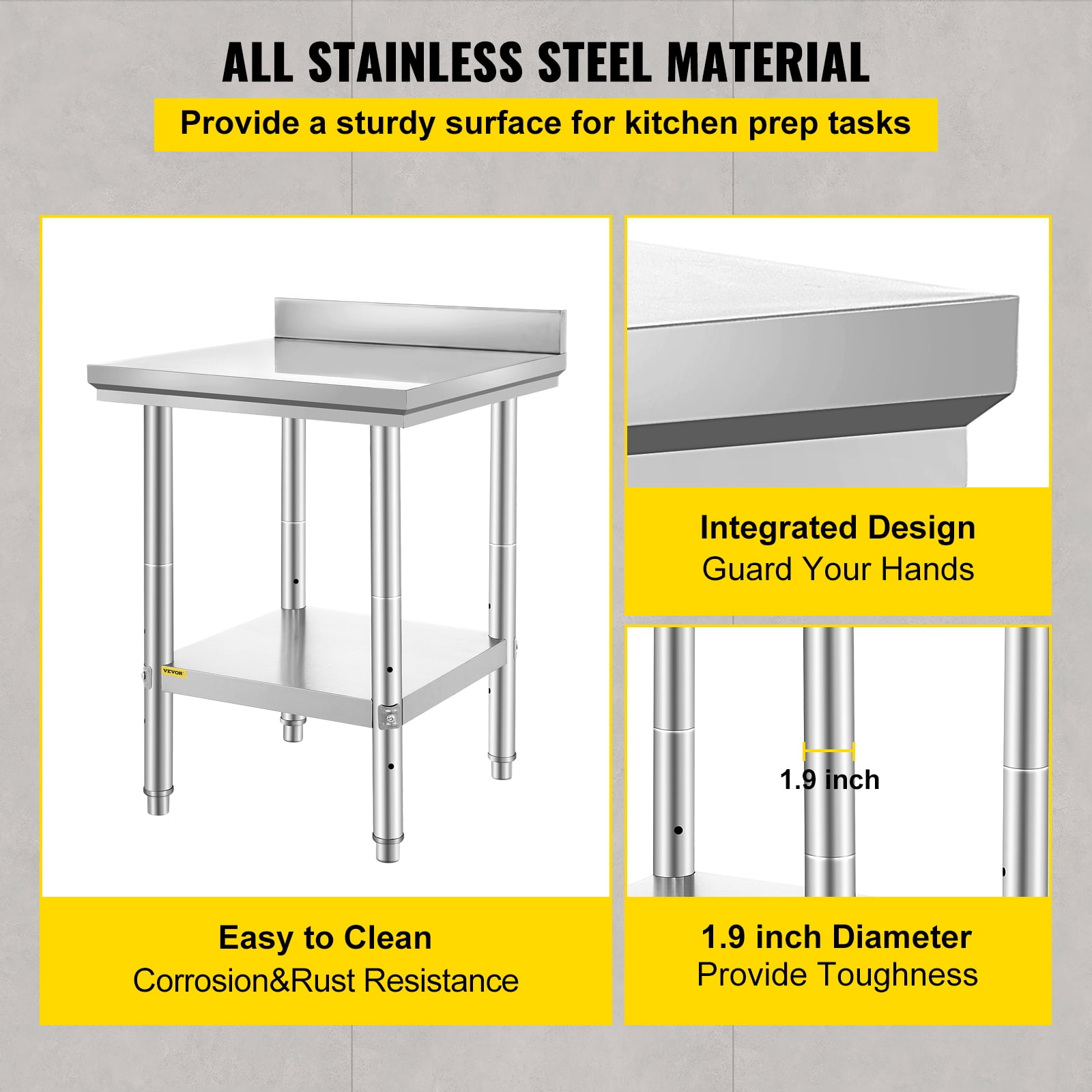 VEVOR Stainless Steel Work Table, Durable Stainless Steel Prep Table with Adjustable Undershelf & Feet, 24 x 24 x 34 Inch, Silver