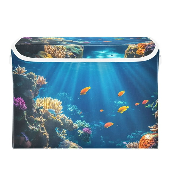 Small Fishes and Corals in Sea Foldable Storage Bin with Lid and Handle Collapsible Storage Box 16.5 x 12.6 x 11.8 inches