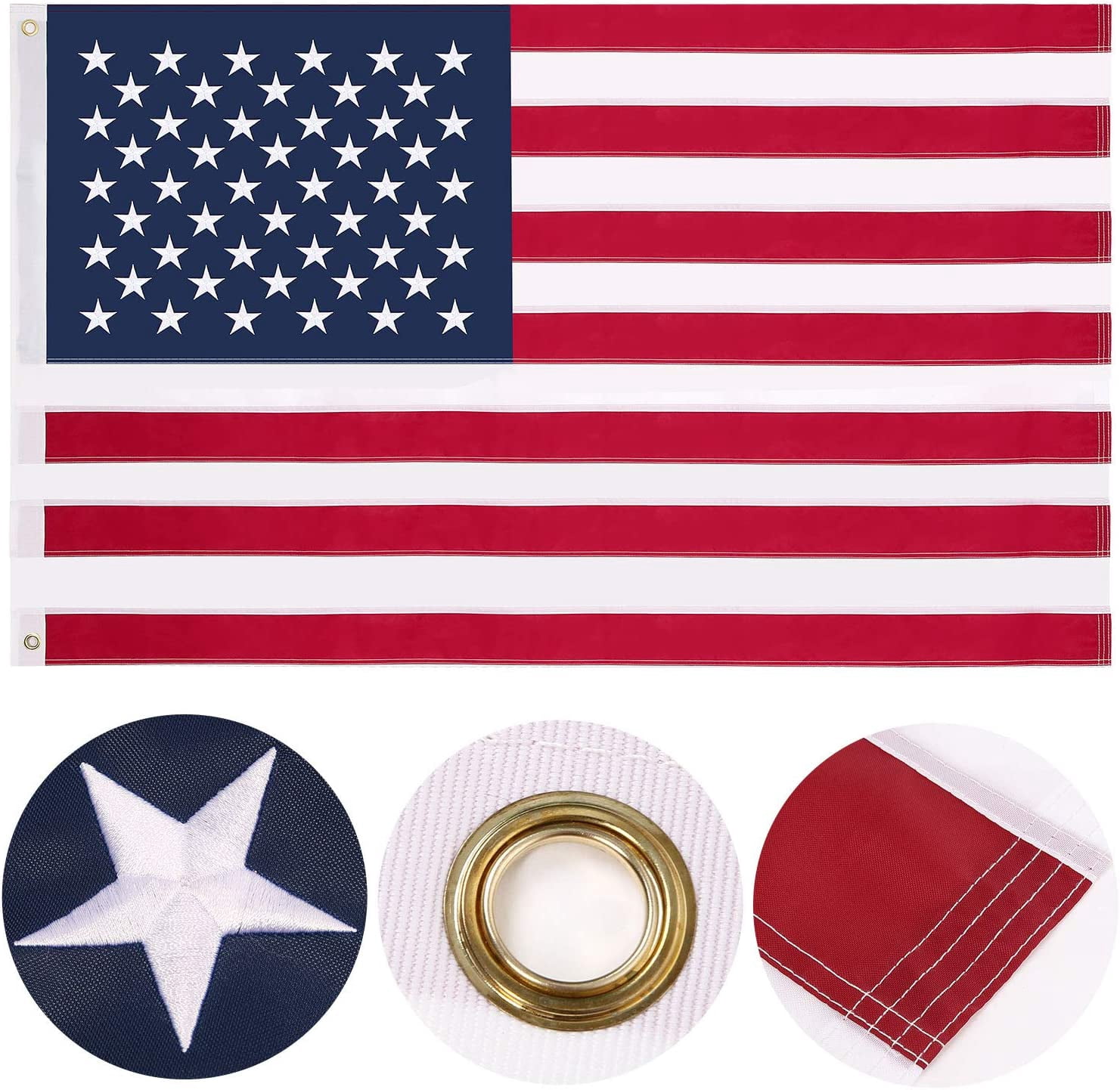 TOPFLAGS 5x8 feet 50 stars American Flag,Embroidered 210D Embroidered Stars,Sewn Stripes,3 Brass Grommets,Indoor/Outdoor,Vibrant Colors,Quality Polyester,US USA Flag