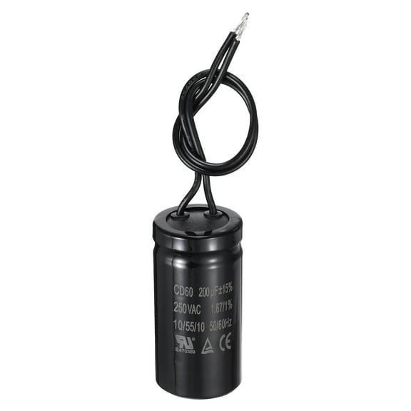 Uxcell CD60 Run Capacitor, 200uF 250VAC 50/60Hz 2 Black Wires CD60 Motor Starting Capacitor for Washing Machine, Air Compressor, Refrigerator, Black