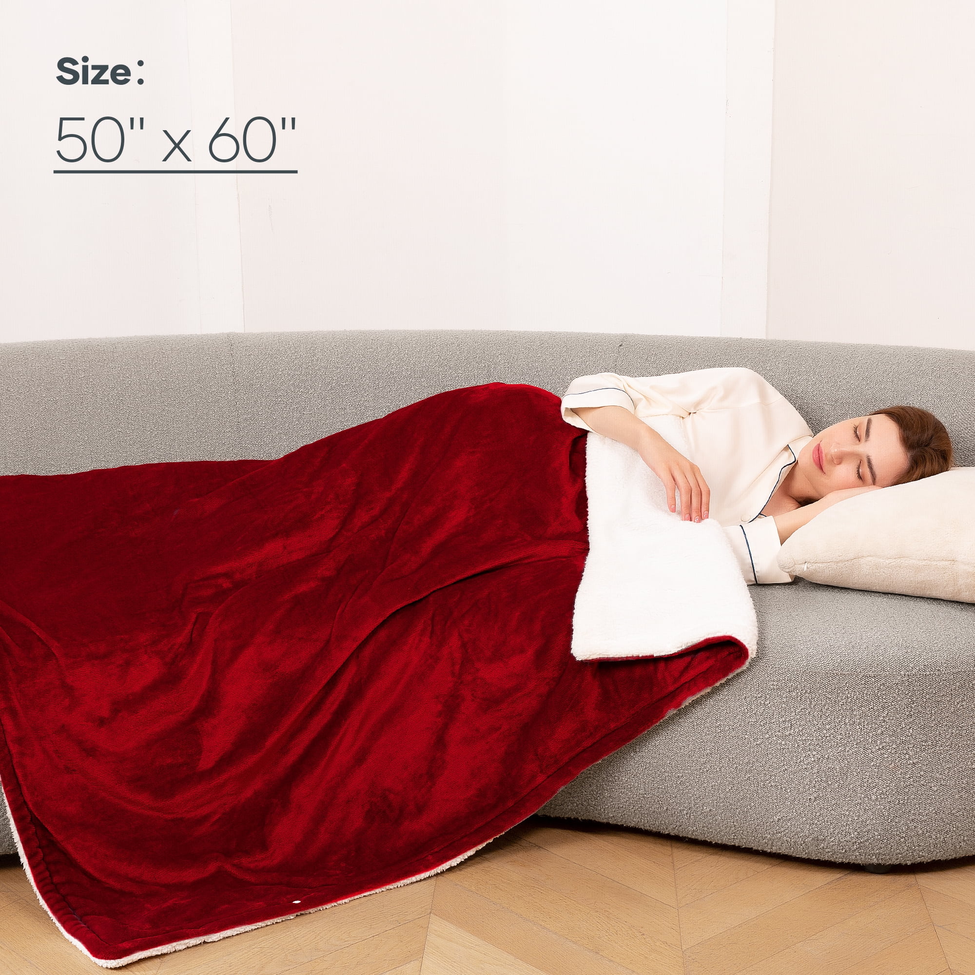 MaxKare Heated Blanket 50" x 60" with 6 Heating Levels & 5 Timer Settings Electric Throw Blanket ETL Certification, Flannel & Sherpa, Red & White