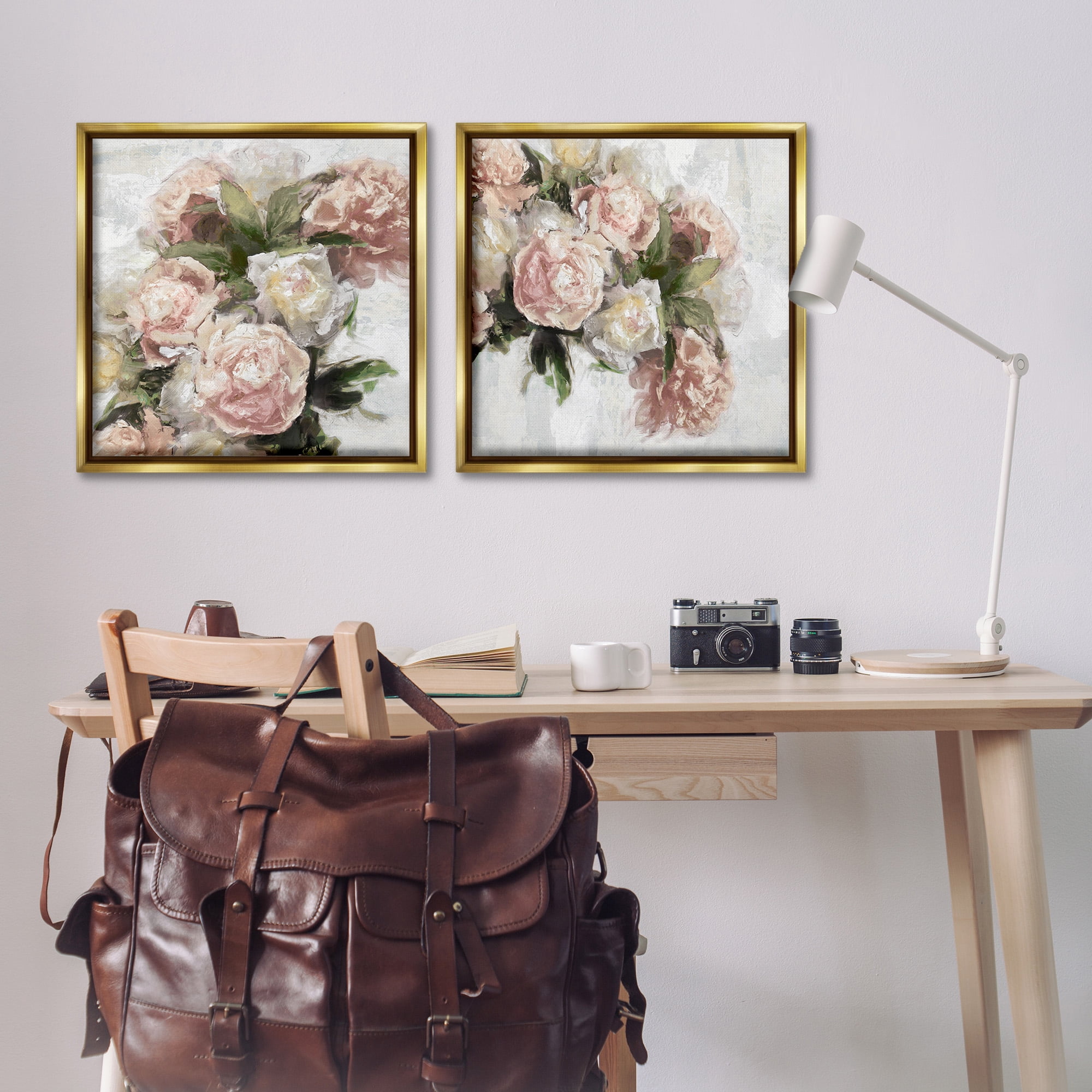 Stupell Industries Traditional Peony Blossoms Arrangement Botanical & Floral Painting Gold Floater Framed Canvas Art Print Wall Art, 25 x 25, Set of 2