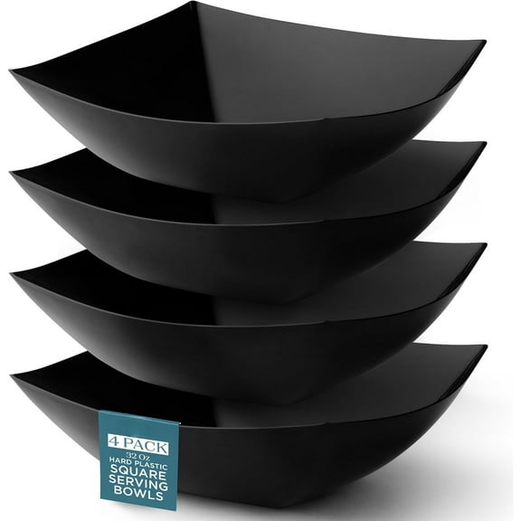 Black Plastic Serving Bowls (32oz - 4 Pack) Square, Disposable, Salad & Fruit Bowls for Party Table, Candy Containers for Candy Buffet
