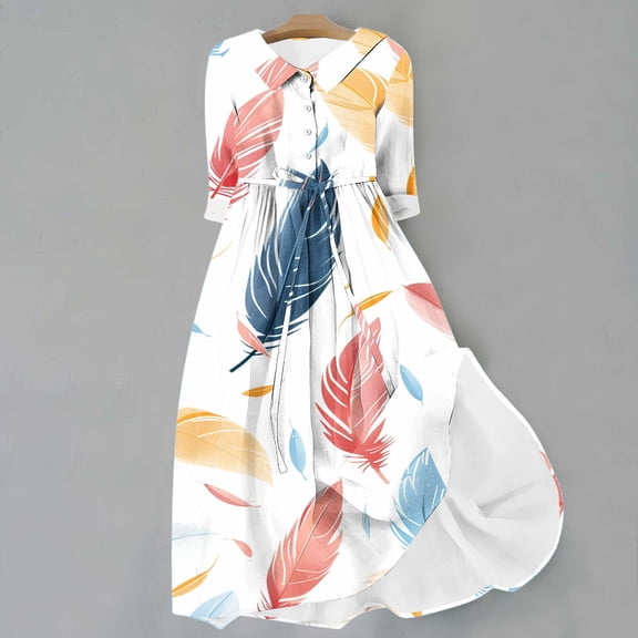 WFJCJPAF 2025 New Product Dresses for Women Plus Size,Women's Summer Printed Fashion Three-quarter Sleeve Turndown Collar Dress - Sky Blue M