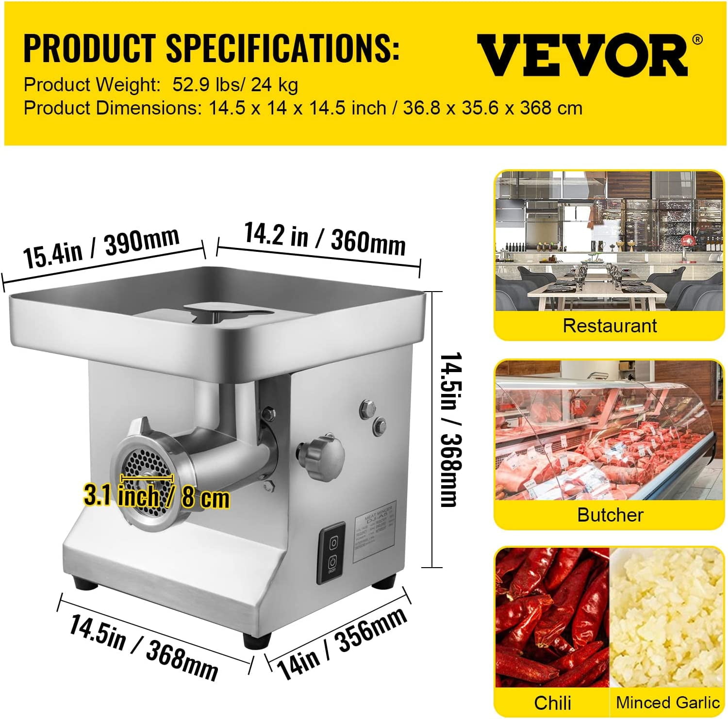 VEVOR 3 in 1 Electric 500LB/H Commercial Slicer 110V Stainless Steel 1100w  Cutter Machine Heavy Duty Sausage Maker Grinder Meat Mincer, 12.6 13.3  12.6 inch, Silver
